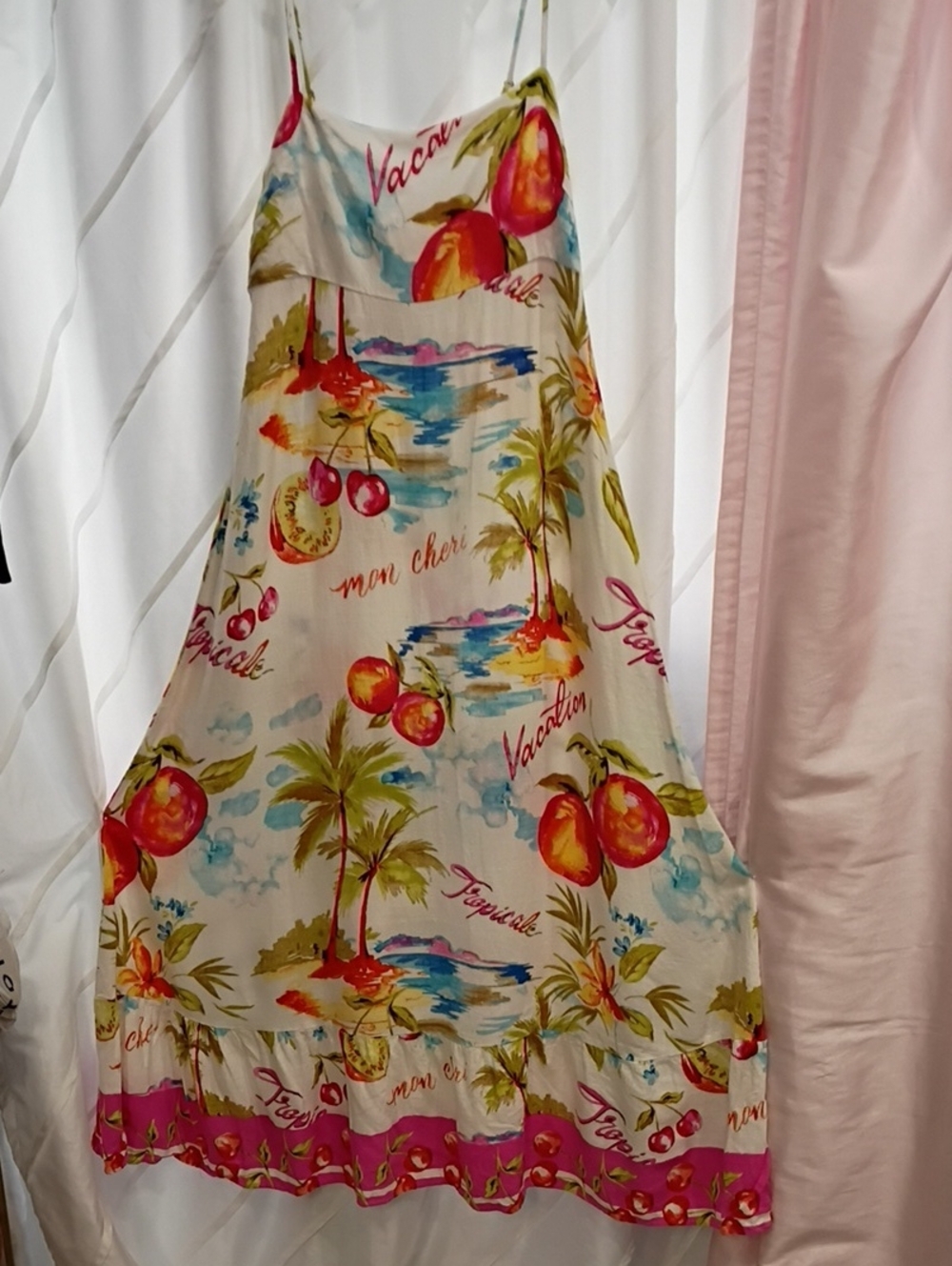 Label Of Love L Beach VacationTropical Fruit-Print Midi Dress in Cream and Pink